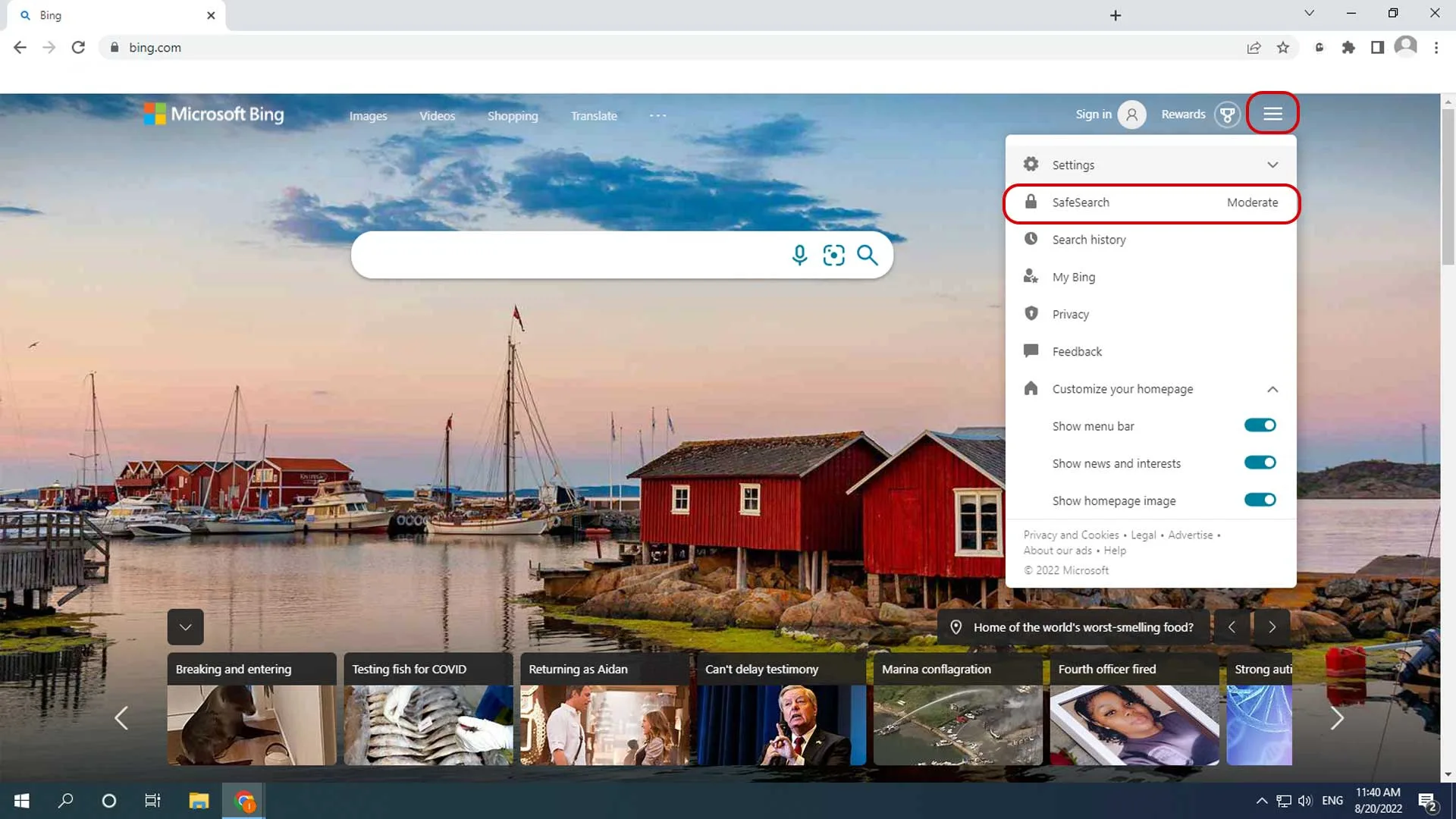 تنظیم جستجوی ایمن bing