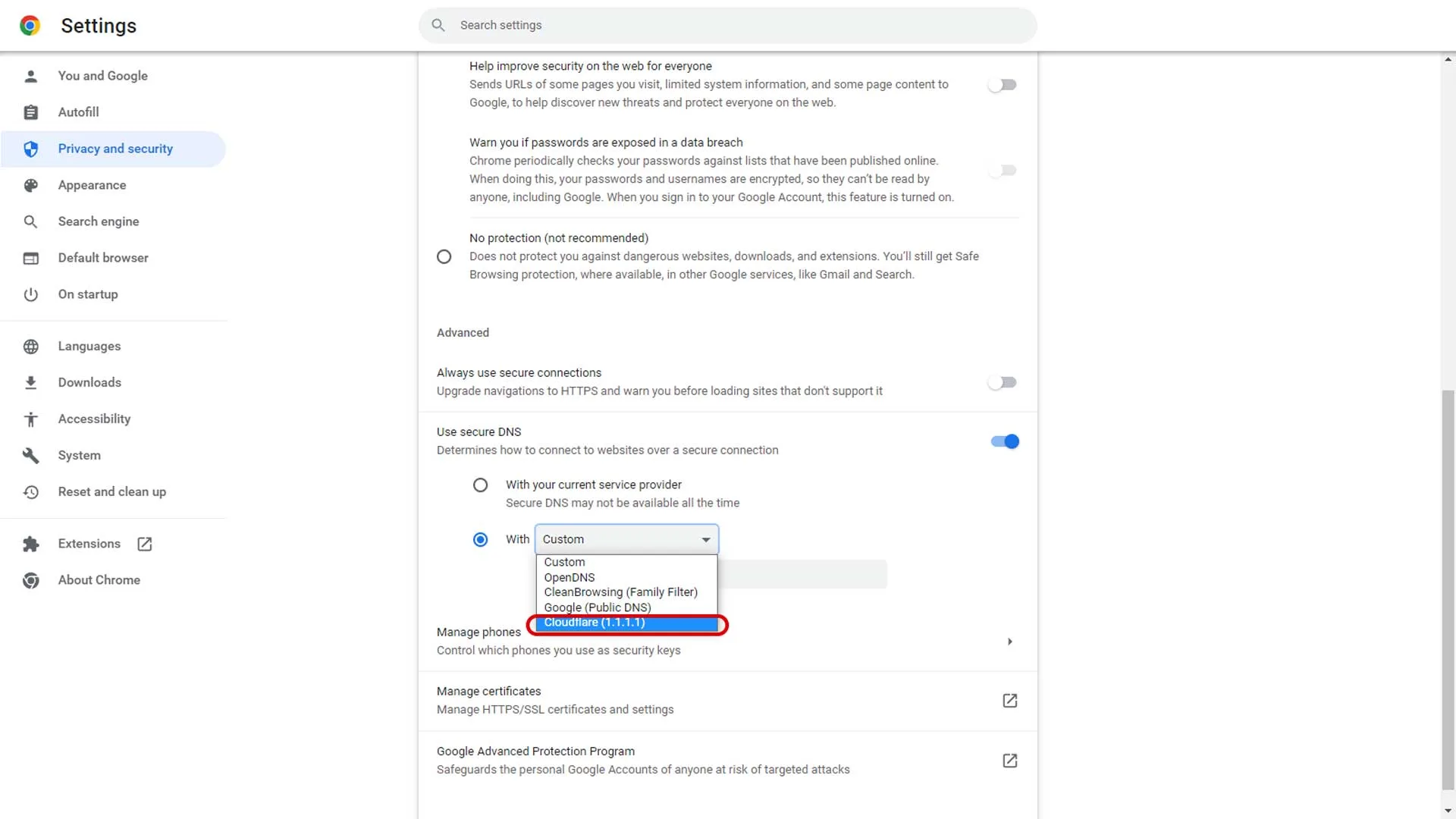 تغییر DNS به cloudflare در کروم