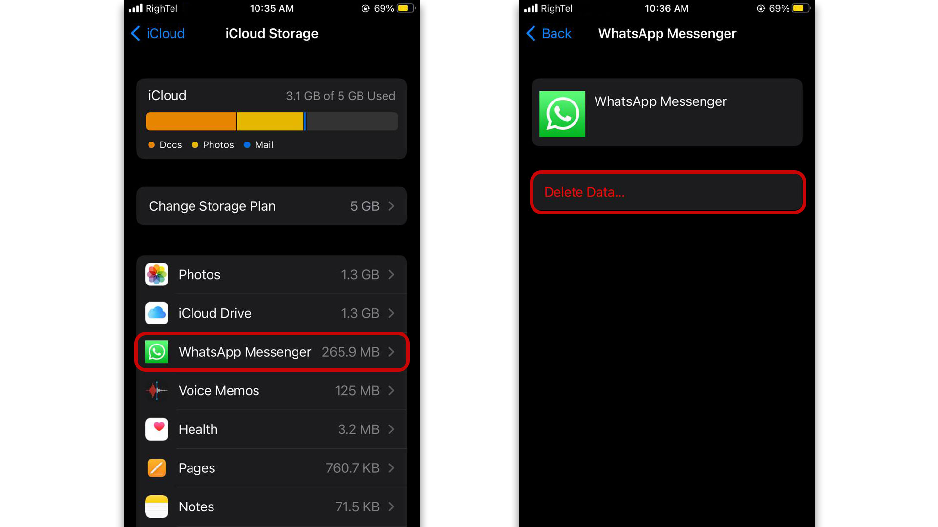 حذف فضای ذخیره سازی whatsapp از icloud
