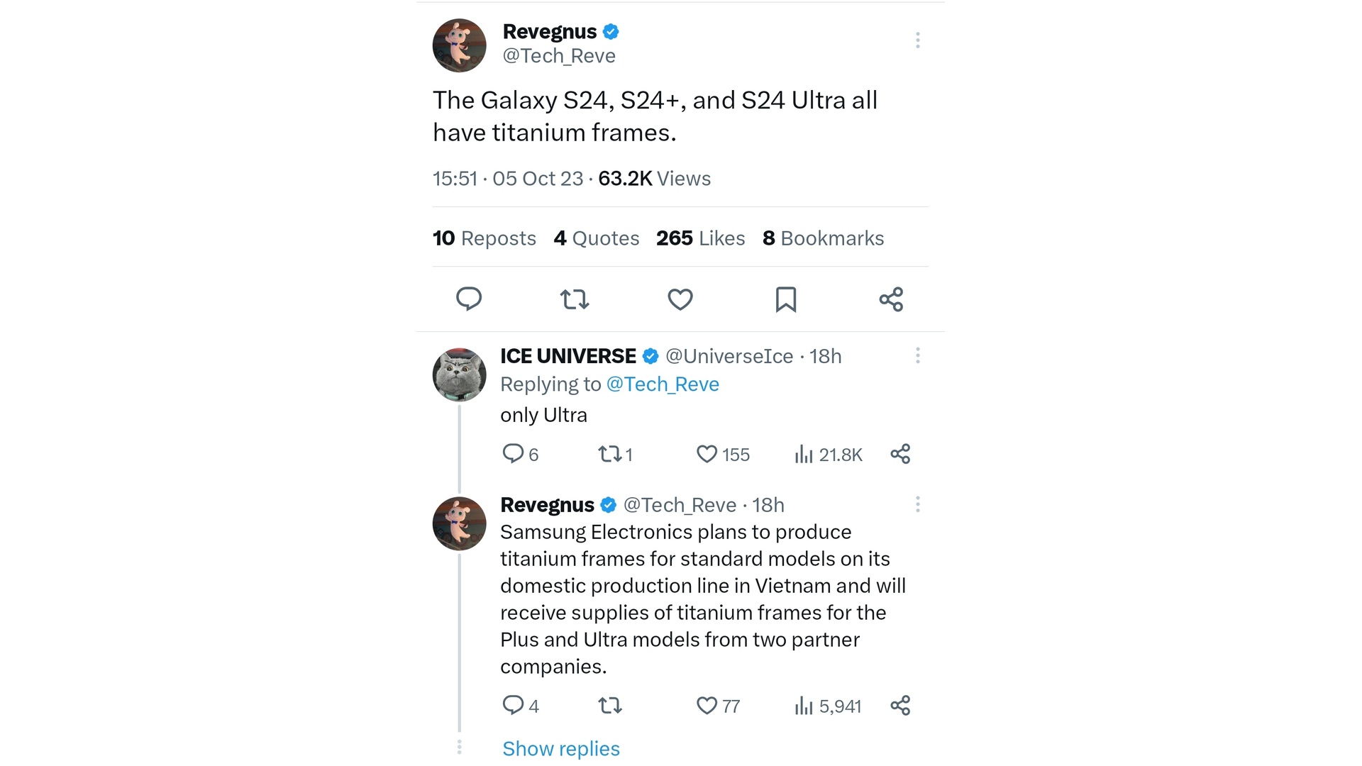 توییت‌های Rvegnus درباره فریم تیتانیومی سری گلکسی S24