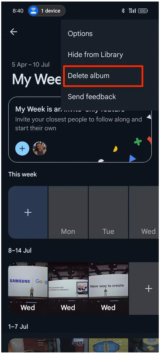 حذف آلبوم My Week در Google Photos